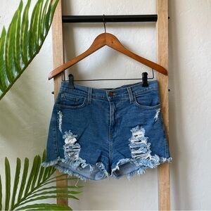 Vibrant Distressed High Rise Frayed Hem Jean Denim Shorts
